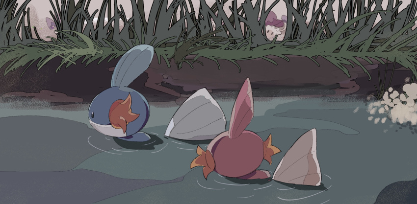 alternate_color animal_focus black_eyes commentary from_behind from_side grass highres morelull mudkip no_humans outdoors partially_submerged peeking_out pokemon pokemon_(creature) profile ripples river shiny_pokemon swimming takashi_(pixiv_80298118) water