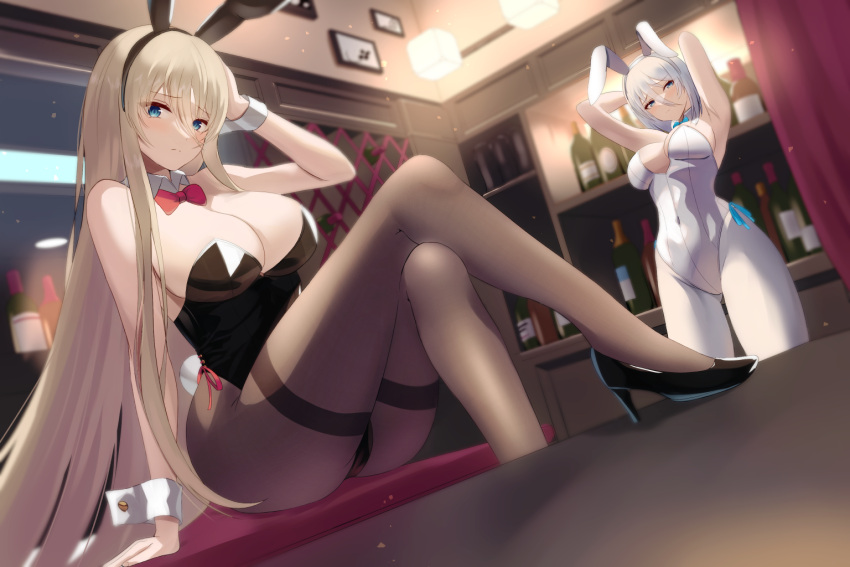 2girls alternate_costume animal_ears azur_lane bare_shoulders bismarck_(azur_lane) black_leotard blonde_hair blue_eyes bottle bow bowtie breasts brown_pantyhose cleavage commentary_request crossed_legs detached_collar fake_animal_ears high_heels indoors large_breasts leotard long_hair looking_at_viewer multiple_girls pantyhose playboy_bunny red_bow red_bowtie short_hair sitting tako-san_wiener_(takosanuma) thighband_pantyhose tirpitz_(azur_lane) white_leotard white_pantyhose wine_bottle wrist_cuffs