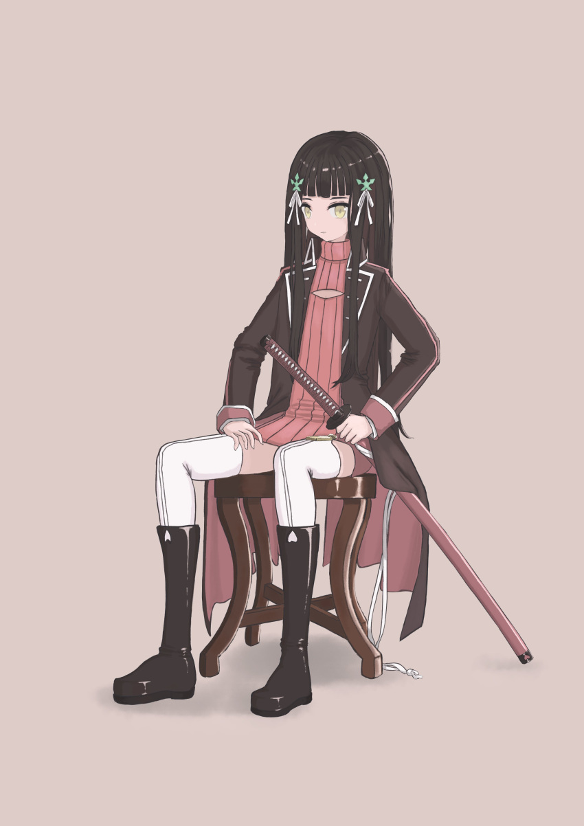 absurdres black_coat black_hair blunt_bangs boots cleavage_cutout closed_mouth clothing_cutout coat commentary hair_ornament hand_on_own_thigh highres holding holding_weapon izumi-no-kami_kanesada_(tenka_hyakken) katana knee_boots long_hair long_sleeves on_chair red_sweater sheath sheathed simple_background sitting sweater sword tenka_hyakken thighhighs tiger2henschel weapon white_thighhighs wooden_chair yellow_eyes