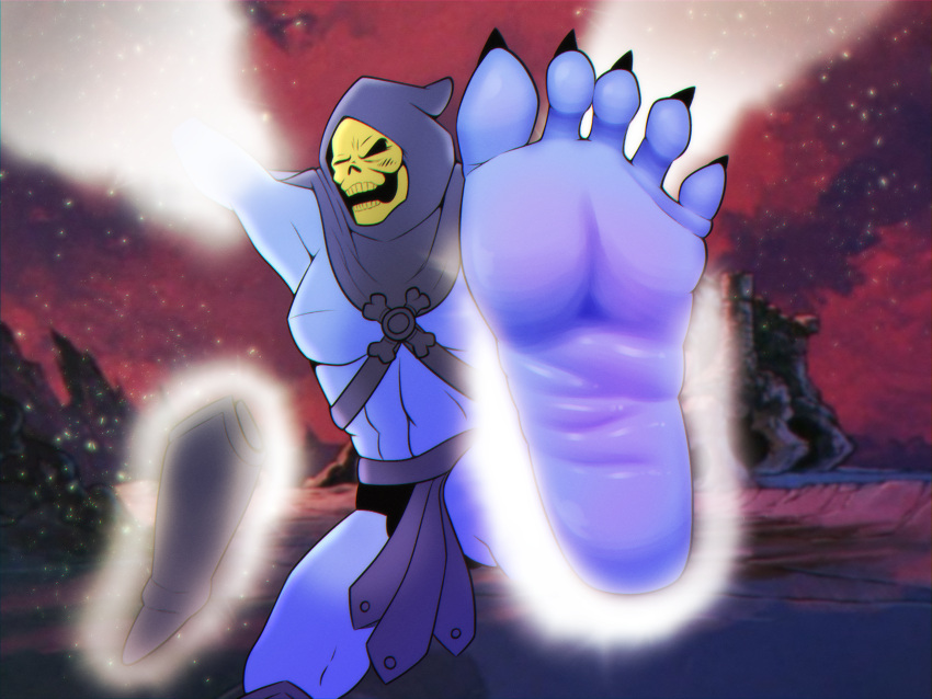 5_toes absurd_res blush bone boots bulge claws clothing dialogue dogeoisie feet foot_fetish foot_focus footwear hi_res humanoid_feet magic male masters_of_the_universe mattel muscular plantigrade skeleton skeletor soles solo toe_claws toes