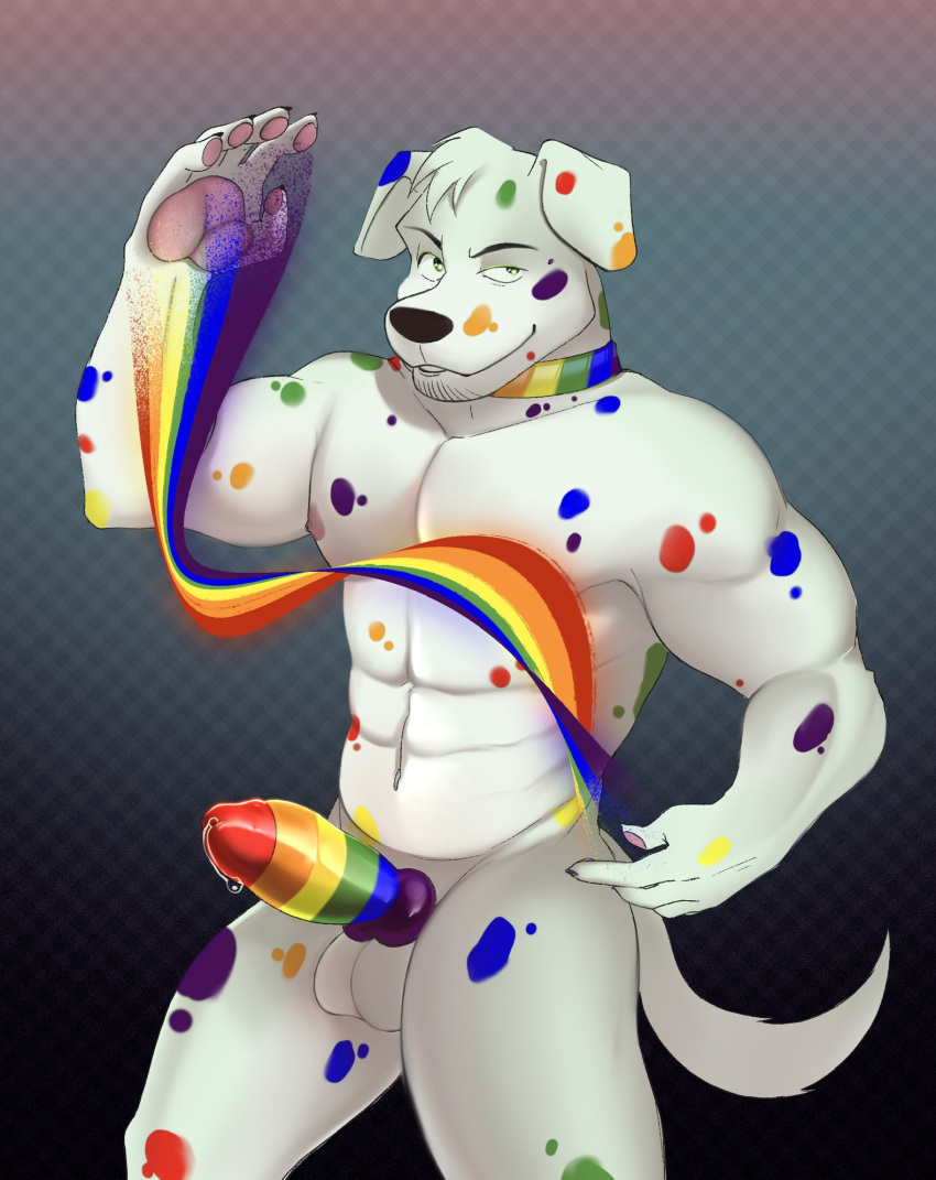 anthro balls bodily_fluids canid canine canis clothing collar dalmatian digital_media_(artwork) domestic_dog fur genital_fluids genitals green_eyes hi_res lgbt_pride looking_at_viewer male mammal multicolored_penis nipples nude pawpads penis pink_pawpads pride_color_clothing pride_colors rainbow_collar rainbow_penis rainbow_spots rainbow_symbol sex simple_background skittles_the_dalmatian smile sodabae solo spots spotted_body spotted_fur white_body white_fur