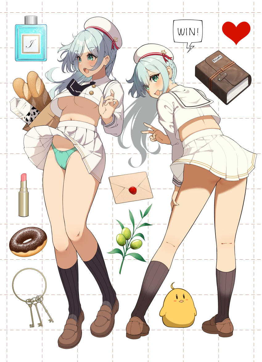 1girl absurdres aged_up aqua_eyes aqua_panties ascot ass azur_lane baguette beret black_ascot blue_hair bottle bow bow_panties bread breasts brown_footwear buttons cameltoe commentary contrapposto cosmetics double-breasted doughnut english_text envelope food hat hat_ribbon heart highres janus_(azur_lane) janus_(fear_of_changing...clothes)_(azur_lane) keychain kneepits knees_together_feet_apart large_breasts lipstick_tube loafers long_hair long_sleeves manjuu_(azur_lane) midriff milk_carton multiple_views navel no_bra official_alternate_costume open_mouth panties pantyshot perfume_bottle pleated_skirt ribbon shirt shoes skirt smile speech_bubble stomach surprised thighs underboob underwear white_headwear white_shirt white_skirt wind wind_lift yomare