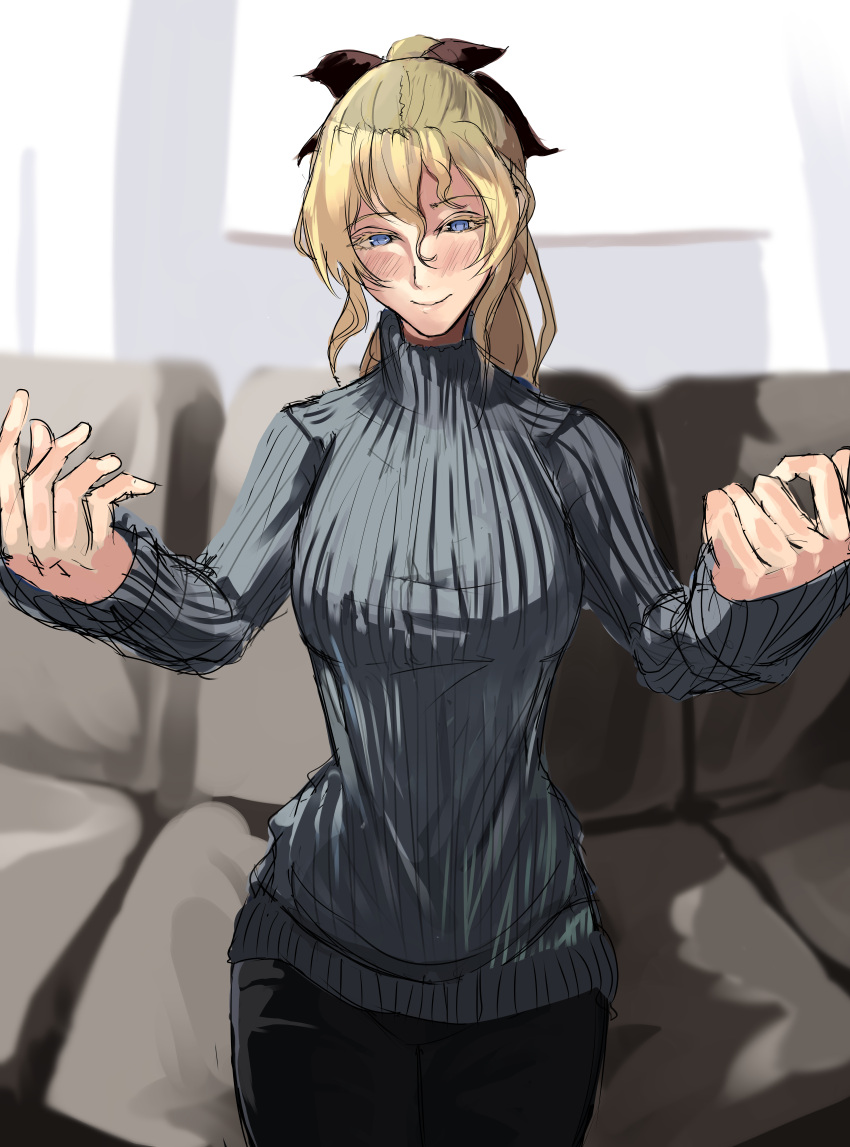 1girl absurdres alternate_costume black_bow black_pants blind blonde_hair blue_eyes blush bow commission couch cowboy_shot english_commentary grey_sweater hair_between_eyes hair_bow highres imminent_hug katawa_shoujo looking_at_another nonsense_(dcrn4428) pants pixiv_commission ponytail ribbed_sweater satou_lilly smile solo sweater turtleneck turtleneck_sweater wavy_hair
