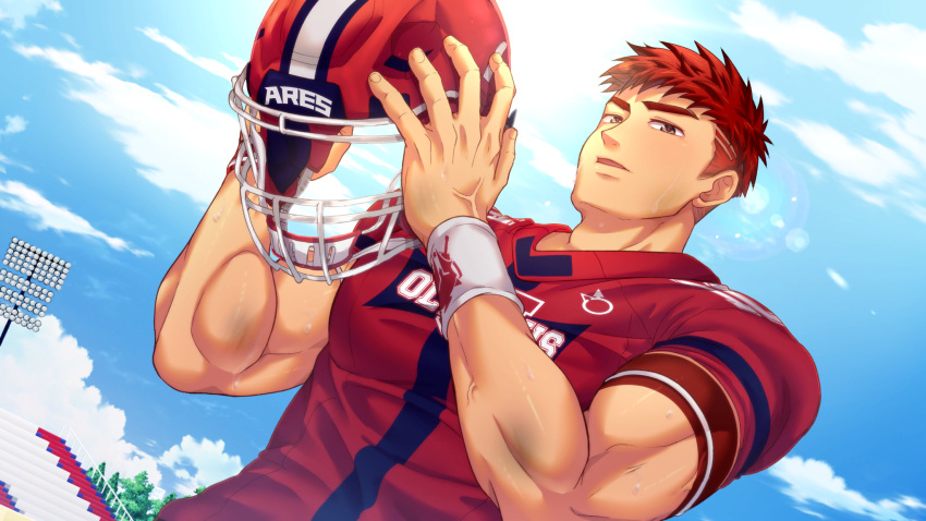 1boy blue_sky collaboration derek_kingsfield dutch_angle helmet highres jock_studio_(blits_games) looking_at_viewer male_focus mikkoukun muscular muscular_male no_headwear non-web_source official_art outdoors red_hair red_shirt rugby_uniform shirt short_hair short_sleeves sky solo sportswear stadium_lights sweatband undercut variant_set white_wristband zamius