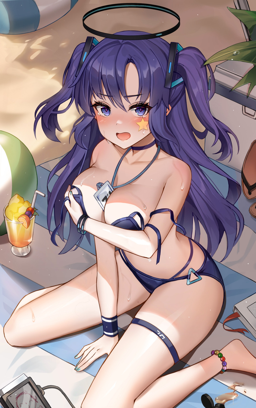 1girl absurdres arona's_sensei_doodle_(blue_archive) beach beach_towel beach_umbrella bead_anklet between_breasts bikini blue_archive blush bracelet breasts cooler covering covering_breasts cup drinking_straw food gonggo halo highres jewelry lanyard large_breasts long_hair looking_at_viewer purple_eyes purple_hair sand sensei_(blue_archive) shaved_ice sitting solo star_sticker swimsuit tears thigh_strap thighs towel umbrella untied untied_bikini wardrobe_malfunction wariza wet yuuka_(blue_archive)
