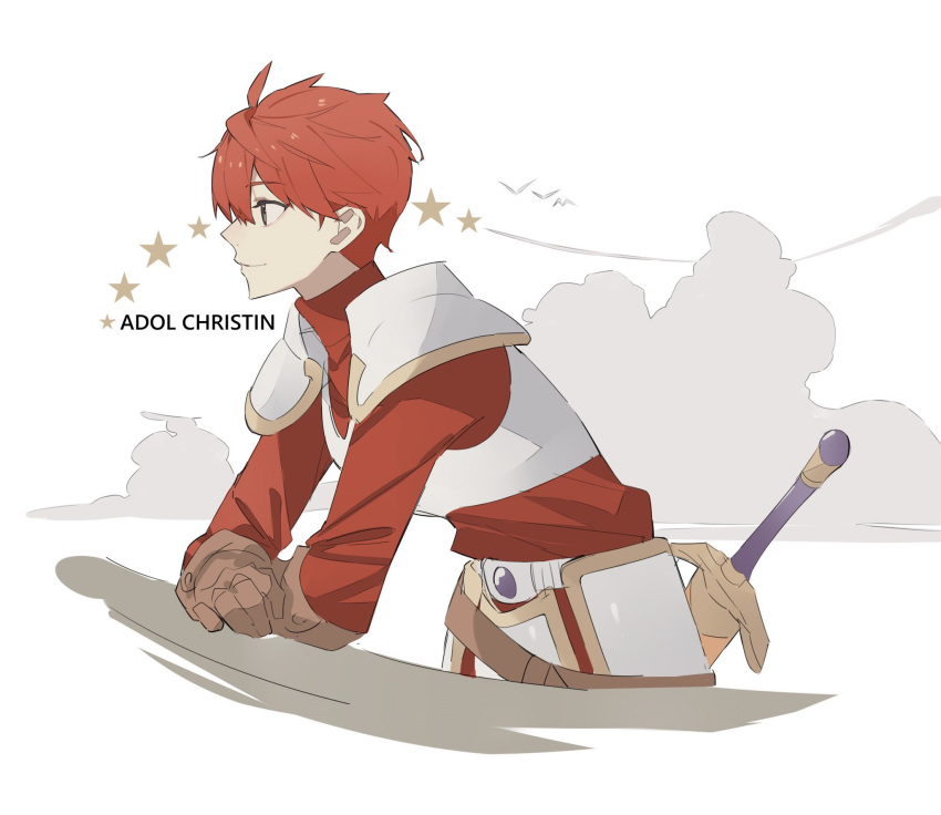 1boy adol_christin ahoge armor breastplate brown_eyes english_text from_side george_man gloves highres pauldrons red_hair shoulder_armor solo sword weapon ys