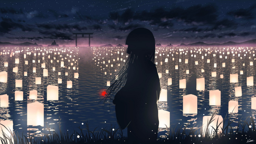 1girl afloat black_hair cloud cloudy_sky enma_ai flower from_behind highres holding holding_flower jigoku_shoujo lantern lantern_on_liquid long_hair long_sleeves night night_sky outdoors paper_lantern red_flower reflection scenery silhouette sky solo spider_lily star_(sky) starry_sky torii vinci_v7 water