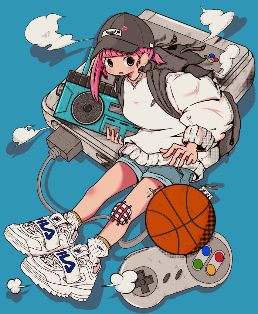 1girl backpack bag ball bandaid bandaid_on_knee bandaid_on_leg baseball_cap basketball_(object) black_eyes blue_background blue_shorts blunt_bangs boombox fila full_body game_console grey_bag grey_headwear halftone hat highres holding_boombox leg_tattoo long_sleeves looking_at_viewer nao97122 nike original parted_lips pink_hair revision ribbed_socks shoes shorts sitting sneakers socks solo streetwear super_famicom super_famicom_gamepad sweater tattoo white_footwear white_socks white_sweater