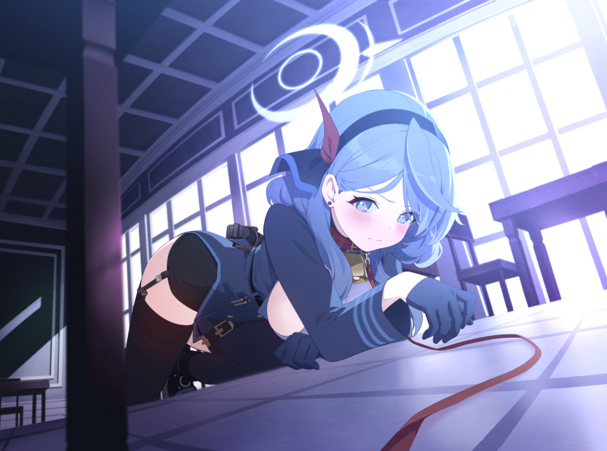 1girl absurdres ako_(blue_archive) all_fours animal_collar annoyed artist_request bell black_gloves black_skirt blue_archive blue_coat blue_eyes blue_hair blue_hairband blue_jacket blush breasts chair classroom coat collar cowbell desk earrings from_below frown game_cg garter_straps gloves gun hair_between_eyes hairband half_gloves halo handgun highres holster indoors jacket jewelry leash long_hair looking_at_viewer luger_p08 miniskirt neck_bell non-web_source official_art on_floor parted_bangs red_ribbon ribbon school_chair school_desk sideboob skirt solo stud_earrings thighhighs weapon window wooden_chair