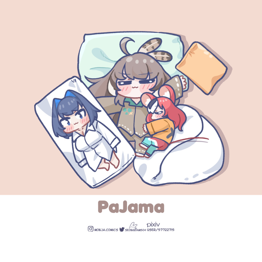 2girls :3 blush_stickers brown_hair chibi commentary dakimakura_(object) english_commentary english_text hakos_baelz highres hololive hololive_english instagram_username monja_(monja0521) multicolored_hair multiple_girls nanashi_mumei ouro_kronii pillow pixiv_username red_hair signature sleeping streaked_hair twitter_username virtual_youtuber