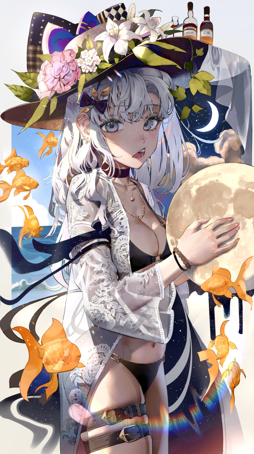 1girl absurdres alcohol bikini black_bikini breasts choker ear_piercing fish flower goldfish grey_eyes grey_hair hani_haya hat hat_flower highres jewelry lace_shirt long_hair looking_at_viewer medium_breasts moon necklace open_mouth original piercing swimsuit thigh_strap whiskey witch_hat