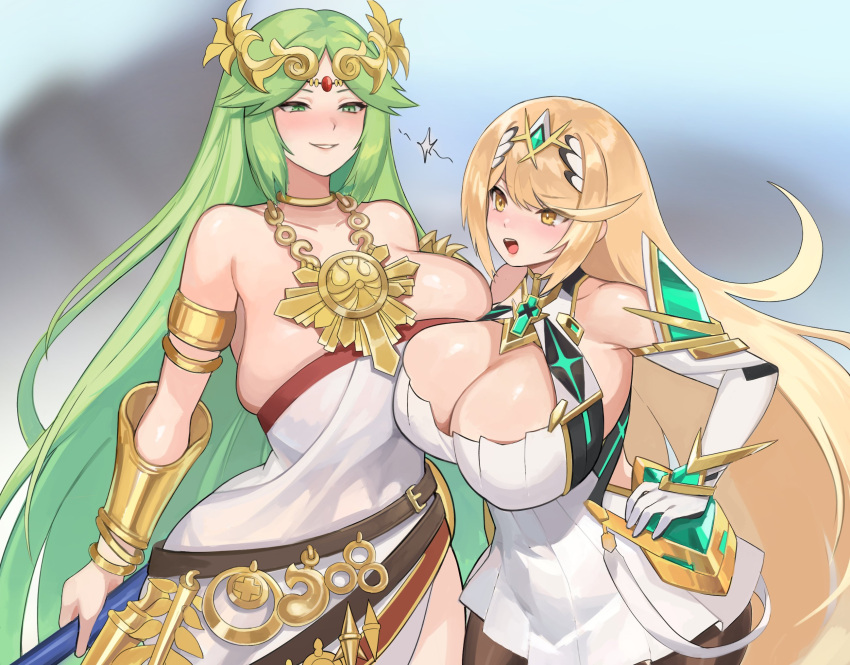 1girl 2girls armlet bare_shoulders blonde_hair blush breasts chest_jewel cleavage earrings elbow_gloves forehead_jewel gloves green_eyes green_hair headpiece highres huge_breasts jewelry kid_icarus kid_icarus_uprising laurel_crown long_hair multiple_girls mythra_(xenoblade) necklace norza palutena smile super_smash_bros. swept_bangs tiara very_long_hair xenoblade_chronicles_(series) xenoblade_chronicles_2