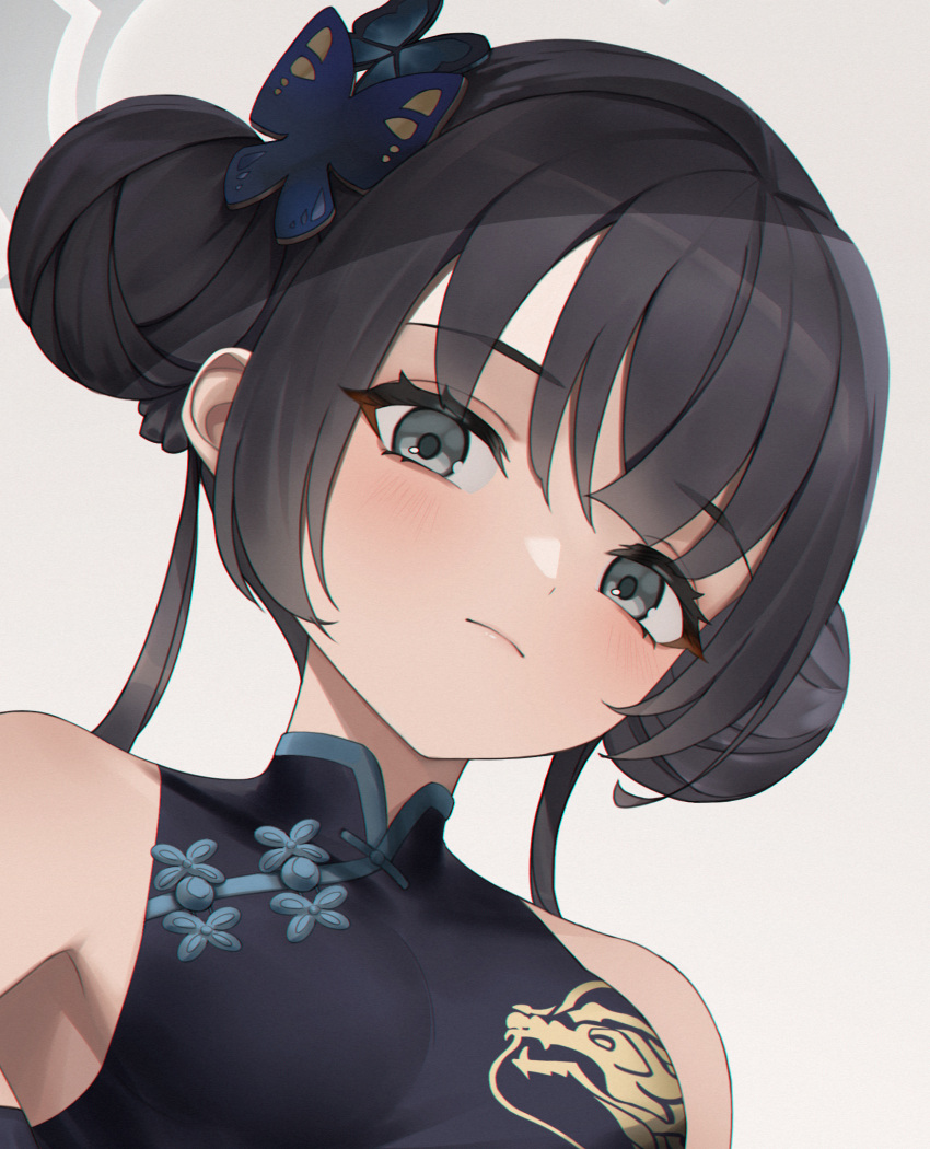 1girl bare_shoulders black_dress black_hair blue_archive blush breasts butterfly_hair_ornament china_dress chinese_clothes closed_mouth double_bun dragon_print dress floral_print frown grey_eyes hair_bun hair_ornament halo highres kisaki_(blue_archive) long_hair looking_at_viewer portrait print_dress sidelocks simple_background sleeveless sleeveless_dress small_breasts sunkilow white_background