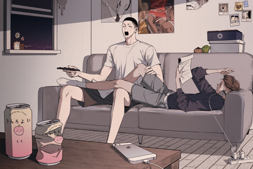 2boys bishounen black_eyes black_hair black_shirt black_shorts brown_eyes brown_hair buzz_cut cellphone charger controller couch couple crushed_can dream_catcher earrings full_body grey_shorts hand_on_another's_leg highres holding holding_paper holding_remote_control indoors jewelry leg_on_another's_leg long_sleeves lying male_focus miyagi_ryouta multiple_boys nolja_cz on_back on_couch open_mouth paper phone poster_(object) reading remote_control sawakita_eiji shirt shoe_box short_hair shorts sitting slam_dunk_(series) smartphone socks soda stud_earrings table teardrop undercut very_short_hair wavy_hair white_shirt white_socks window yaoi yawning