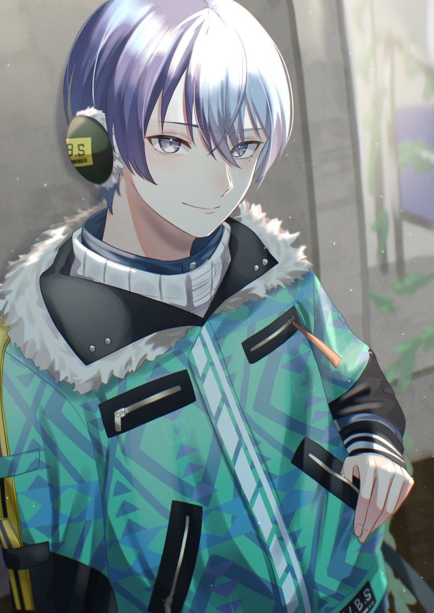 1boy absurdres aoyagi_touya blue_hair closed_mouth commentary dark_blue_hair earmuffs fingernails fur_trim grey_eyes hair_between_eyes highres long_sleeves looking_at_viewer male_focus mole mole_under_eye multicolored_hair official_alternate_costume pocket project_sekai same_dreams_same_colors_(project_sekai) short_hair solo two-tone_hair upper_body yk62 zipper