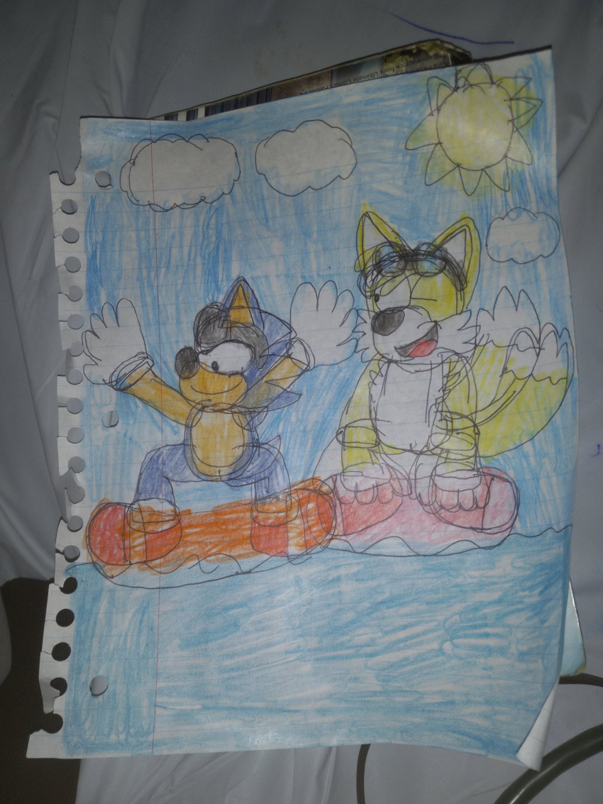 beach blue_sky cloud hedgehog highres multiple_tails non-web_source prower sky sonic_the_hedgehog sun surfing tail the