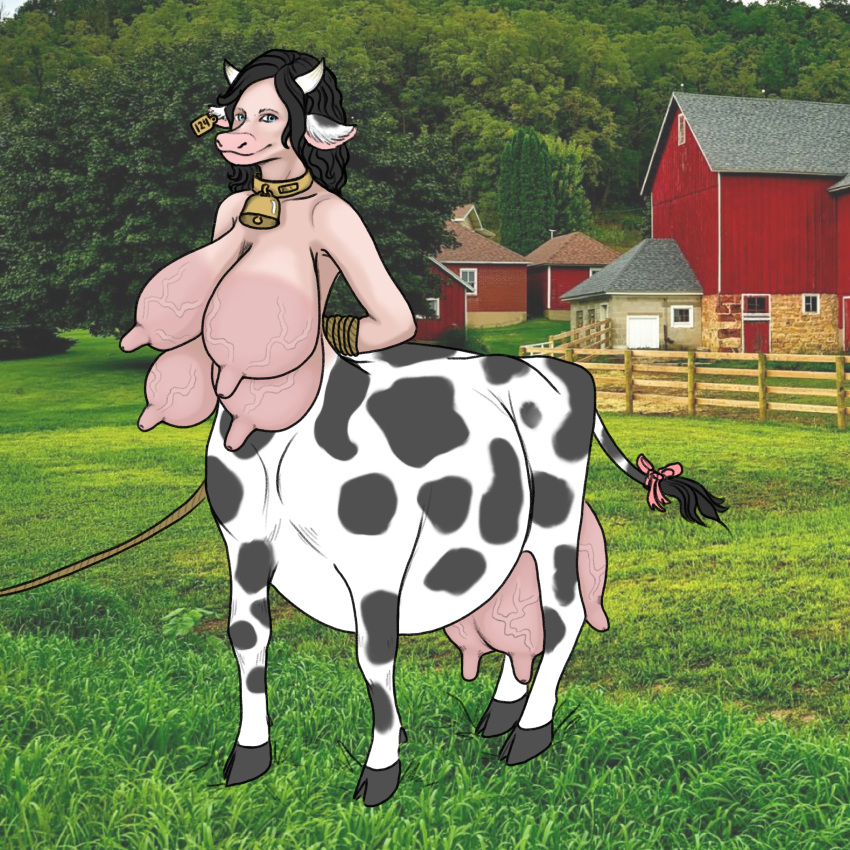1:1 2021 4_breasts 4_legs absurd_res accessory after_transformation bell bell_collar belly big_belly black_hair black_hooves blue_eyes bound bovid bovid_taur bovine bovine_taur breasts cattle cattle_taur clothed clothing collar digital_media_(artwork) erect_nipples farm female field furgonomics grassy_field hair hi_res hooves looking_at_viewer mammal mammal_taur multi_breast nipples photo_background photography_(artwork) ribbons smile solo standing tail tail_accessory tail_ribbon taur teats topless udders varkidt