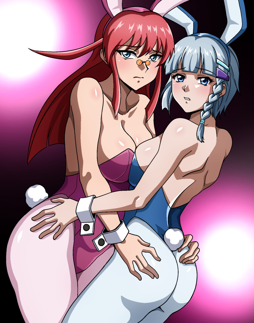 1990s_(style) 2girls ass breasts cleavage highres long_hair looking_at_viewer medium_breasts multiple_girls playboy_bunny renais_cardiff_shishiou retro_artstyle seolla_schweizer short_hair spit_(takethestrain) sunglasses super_robot_wars thick_thighs thighhighs thighs