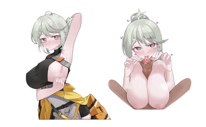 1boy 1girl absurdres ahoge armpits black_shirt black_shorts blush breasts clothes_around_waist commentary_request covered_nipples cum de_lacey_(neural_cloud) facial fellatio foreskin foreskin_pull girls'_frontline girls'_frontline_neural_cloud heart hetero highres huge_breasts jacket jacket_around_waist large_breasts licking licking_penis light_green_hair looking_at_viewer mole mole_under_mouth oral paizuri penis pov presenting_armpit shirt short_hair shorts sideboob simple_background sweat symbol-shaped_pupils uncensored upper_body white_background yellow_jacket yumin867355251