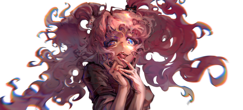 1girl absurdres bear_hair_ornament black_shirt blue_eyes breasts crowlala_(wine_nausea) danganronpa:_trigger_happy_havoc danganronpa_(series) enoshima_junko hair_ornament hands_up heart heart-shaped_pupils highres licking licking_finger long_hair medium_breasts messy_hair pink_hair red_eyes red_nails shirt short_sleeves simple_background smile solo symbol-shaped_pupils teeth tongue tongue_out transparent_background twintails upper_body upper_teeth_only