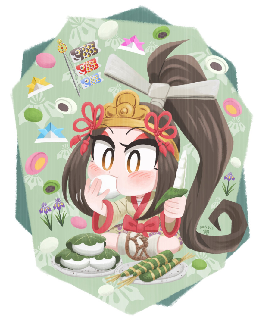 1girl absurdly_long_hair black_hair blush border bow brown_footwear chest_sarashi chibi collarbone commentary crown dated eating eyelashes eyeshadow food food_request geta gold_headwear green_background hair_bow hair_ribbon high_ponytail highres holding holding_food japanese_clothes kimono kodomo_no_hi koinobori long_hair makeup mochi motion_lines object_request orange_eyes original patterned_background plate red_bow red_eyeshadow red_ribbon red_trim ribbon sarashi signature single_blush_sticker sitting socks symbol-only_commentary tabi very_long_hair waist_bow white_border white_bow white_socks windsock yamato_koara yellow_kimono