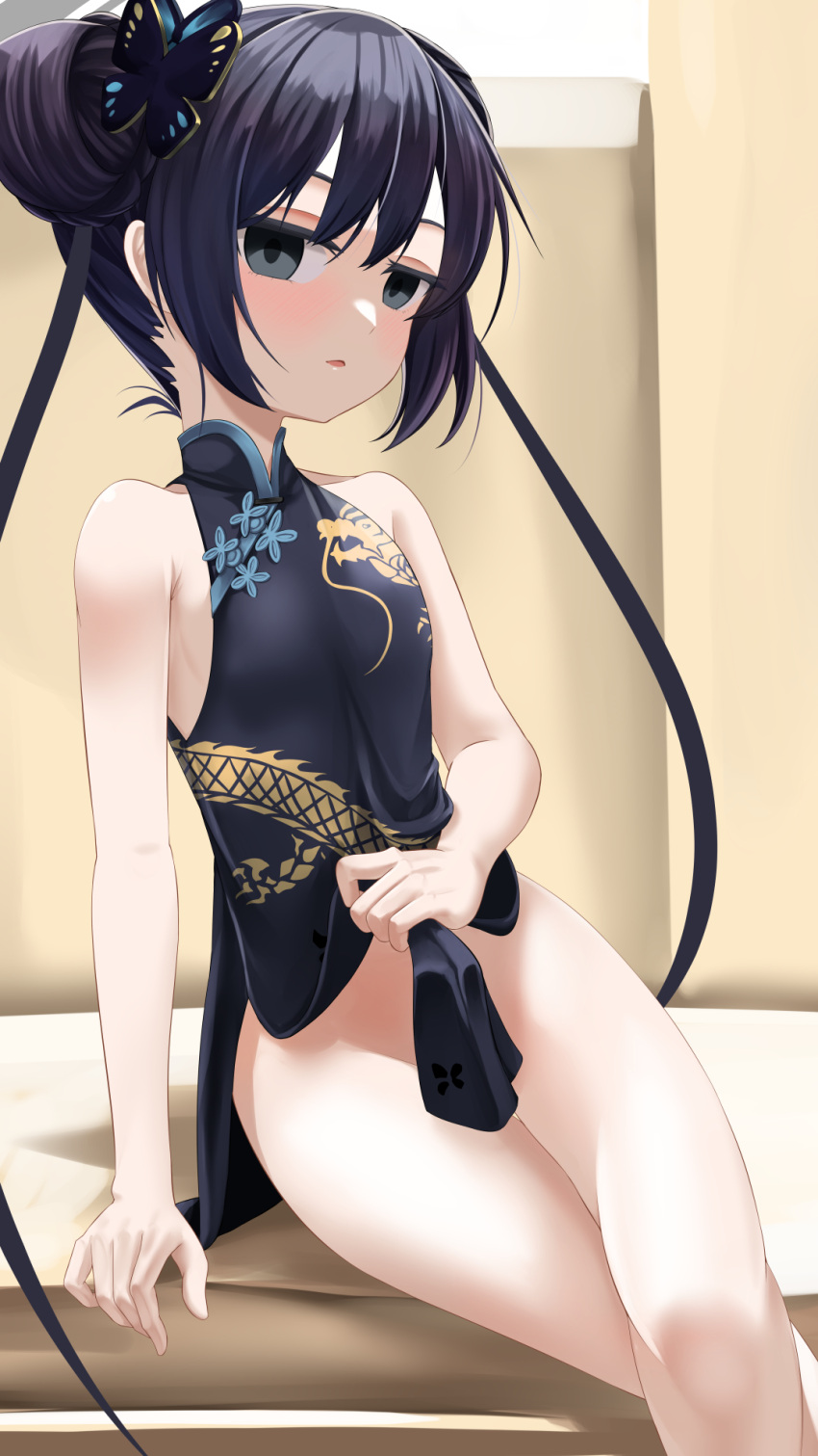 1girl bare_shoulders black_dress black_gloves black_hair blue_archive blush braid braided_bun breasts butterfly_hair_ornament china_dress chinese_clothes double_bun dragon_print dress feet_out_of_frame gloves grey_eyes hair_bun hair_ornament half_gloves halo highres kisaki_(blue_archive) legs long_hair looking_at_viewer no_panties pelvic_curtain short_dress side_slit sitting small_breasts solo thighs totororo twintails