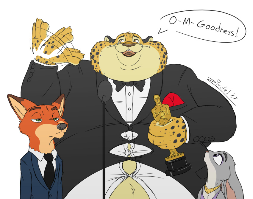 2017 academy_awards anthro award benjamin_clawhauser black_tie_(suit) bow_tie button_(fastener) canid canine cheetah claws clothing dialogue disney dress_shirt fangs felid feline female fox fur group half-closed_eyes hand_fan holding_object holding_statue jewelry juano judy_hopps lagomorph leporid looking_away looking_up male mammal microphone microphone_stand mouth_closed narrowed_eyes necklace necktie nick_wilde obese obese_anthro obese_male open_mouth oscar_statuette overweight overweight_anthro overweight_male rabbit shirt signature simple_background speech_bubble spots spotted_body spotted_fur straining_buttons suit teeth text tongue topwear trio white_background zootopia