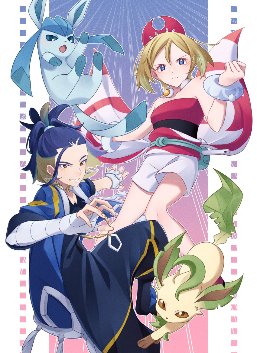 1boy 1girl adaman_(pokemon) arm_wrap blonde_hair blue_coat blue_eyes bracelet brown_eyes clenched_hand closed_mouth coat commentary_request eyelashes flute glaceon green_bag grin hairband highres instrument irida_(pokemon) jewelry leafeon mocacoffee_1001 pokemon pokemon_(creature) pokemon_(game) pokemon_legends:_arceus ponytail sash shirt shorts smile strapless strapless_shirt teeth waist_cape white_shorts