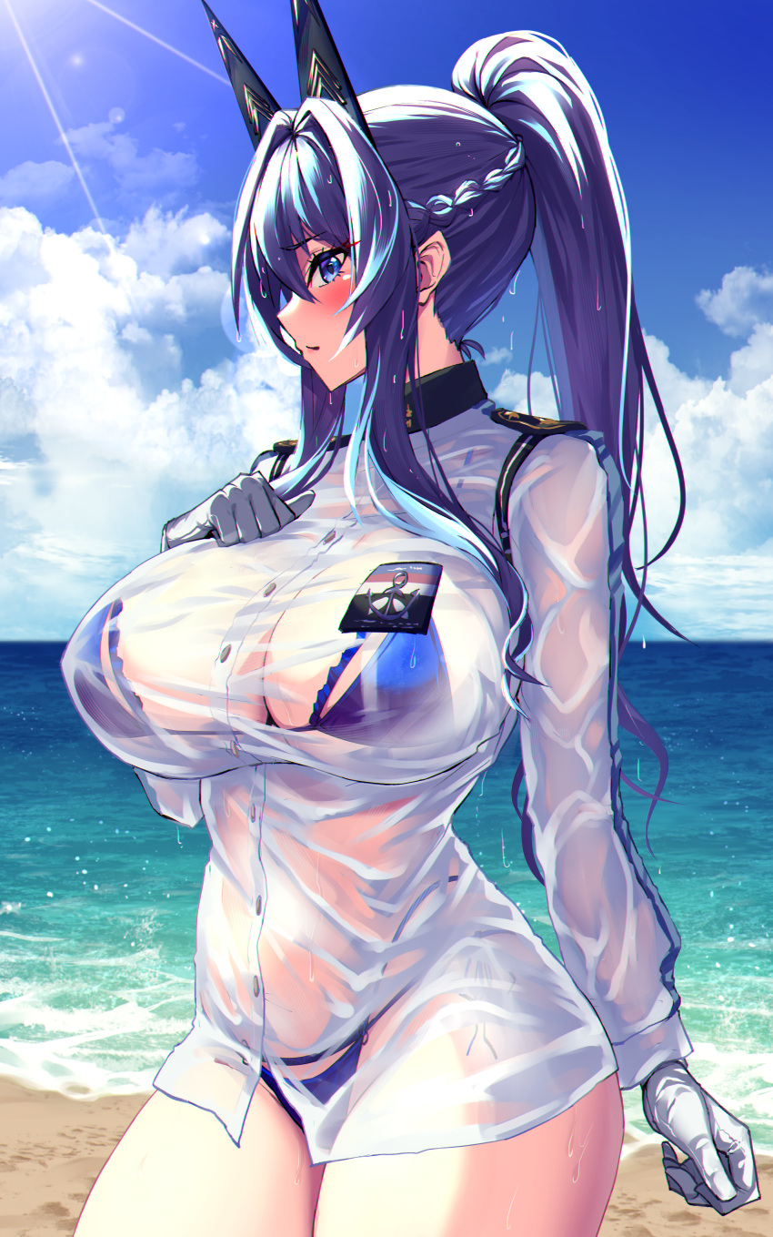1girl absurdres beach bikini bikini_under_clothes blue_bikini blue_eyes blue_hair blue_sky blush braid breasts cloud commentary cowboy_shot day french_braid gloves goddess_of_victory:_nikke hair_between_eyes hair_intakes hand_on_own_chest helm_(aqua_marine)_(nikke) helm_(nikke) highres jacket large_breasts long_hair long_sleeves looking_at_viewer ocean outdoors ponytail profile samael_(5211) see-through_cleavage sidelocks sky solo standing sunlight swimsuit thighs wet wet_clothes white_gloves white_jacket