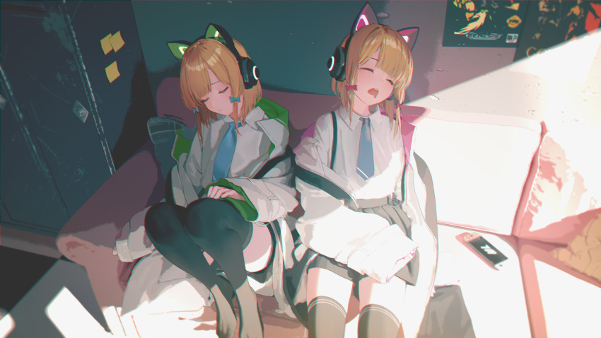 2girls absurdres animal_ear_headphones animal_ears black_skirt black_thighhighs blonde_hair blue_archive blue_necktie bow cat_ear_headphones closed_eyes collared_shirt couch drooling fake_animal_ears green_bow hair_bow handheld_game_console head_tilt headphones highres hood hooded_jacket jacket long_sleeves low_tied_sidelocks midori_(blue_archive) momoi_(blue_archive) mouth_drool multicolored_clothes multicolored_jacket multiple_girls necktie no_shoes open_mouth parted_bangs pleated_skirt red_bow shirt shirt_tucked_in siblings sisters sitting skirt sleeping sleeves_past_wrists sunlight suspenders tacshojosora thighhighs twins white_jacket white_shirt wide_sleeves zettai_ryouiki