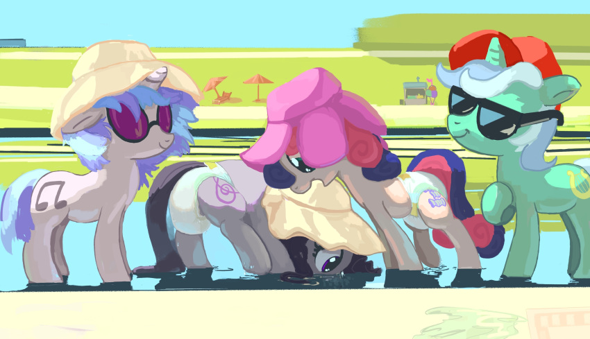 adult_baby asdfasfasda beach bodily_fluids bonbon_(mlp) caretaker clothed clothing diaper equid equine eyewear female friendship_is_magic genital_fluids group hasbro hat headgear headwear hi_res horse in_public infantilism lyra_heartstrings_(mlp) mammal my_little_pony octavia_(mlp) pony seaside summer sun sun_hat sunglasses urine vinyl_scratch_(mlp) water wearing_diaper wet_diaper wetting