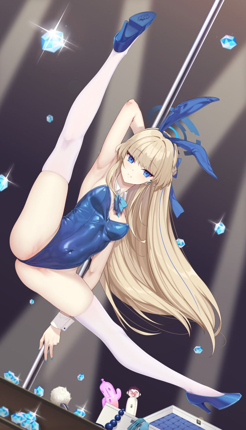 1girl absurdres anal_beads anal_tail animal_ears arona's_sensei_doodle_(blue_archive) blonde_hair blue_archive blue_bow blue_bowtie blue_eyes blue_footwear blue_hair blue_halo blue_leotard blue_nails bow bowtie breasts butt_plug closed_mouth covered_navel crystal detached_collar fake_animal_ears fake_tail fingernails halo haniwa_(statue) high_heels highleg highleg_leotard highres leg_up leotard long_hair looking_at_viewer medium_breasts multicolored_hair nail_polish neps-l official_alternate_costume pole_dancing rabbit_ears sensei_(blue_archive) sex_toy solo spread_legs strapless strapless_leotard streaked_hair tail thighhighs toki_(blue_archive) toki_(bunny)_(blue_archive) white_thighhighs wide_spread_legs wrist_cuffs
