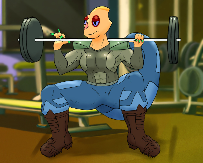 anthro boots chameleon clothing crouching exercise footwear hi_res lizard long_tail male muscular olibur pecs reptile scalie solo tail weightlifting workout