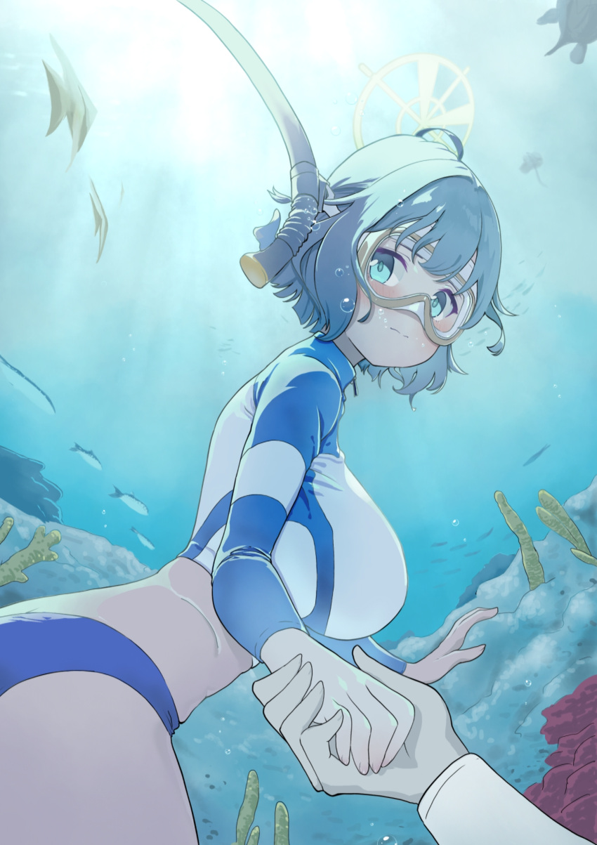 1boy 1girl air_bubble bikini blue_archive blue_bikini blush breasts bubble fish goggles halo hetero highres holding_hands large_breasts long_sleeves looking_at_viewer looking_to_the_side official_alternate_costume oozumi_03 pov pov_hands rash_guard saki_(blue_archive) saki_(swimsuit)_(blue_archive) sunlight swimsuit underwater