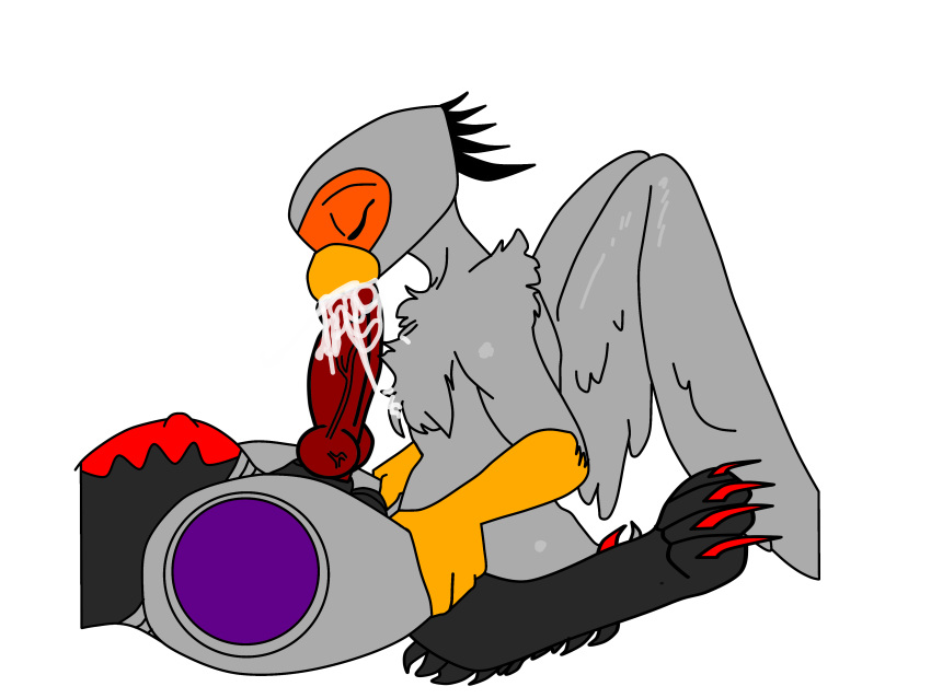 absurd_res accipitriform anthro avian balls beak big_penis bird black_body black_fur bodily_fluids claws cum cum_drip cum_in_mouth cum_inside cum_on_face cumshot dripping duo ejaculation feathers feral fur genital_fluids genitals grey_body grey_feathers hi_res machine male male/male penis protogen red_claws secretary_bird sucking sucking_penis sucking_tip wings