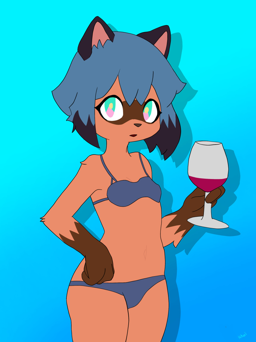 absurd_res anthro bikini bikini_bottom bikini_top blue_bikini blue_bikini_bottom blue_bikini_top blue_clothing blue_hair blue_swimwear brand_new_animal brown_body brown_fur brown_nose canid canine clothing container cup drinking_glass facial_markings female fur glass glass_container glass_cup gloves_(marking) hair head_markings hi_res hikaridraws holding_glass holding_object holding_wine_glass mammal markings mask_(marking) michiru_kagemori multicolored_eyes navy_ears navy_hair raccoon_dog solo studio_trigger swimwear tan_body tan_fur tanuki wine_glass