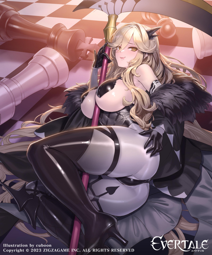 1girl artist_name ass between_breasts between_legs blonde_hair breasts commentary_request company_connection company_name copyright_name cuboon evertale hair_ornament highres large_breasts leotard logo loki_(evertale) long_hair official_art scythe simple_background solo weapon yellow_eyes