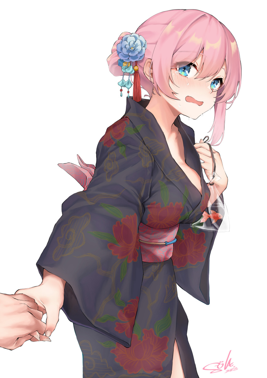1girl absurdres aqua_eyes bag bagged_fish blush bocchi_the_rock! breasts embarrassed enferverge fish flower goldfish gotoh_hitori hair_bun hair_flower hair_ornament highres holding_hands japanese_clothes kimono open_mouth pink_hair pov pov_hands tears