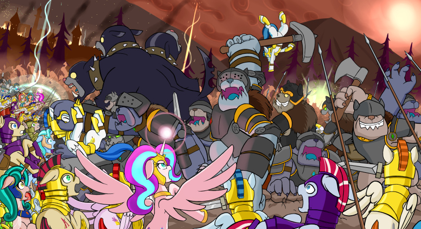 absurd_res ambush armor axe battle canid castle cerberus diamond_dog_(mlp) earth_pony equid equine european_mythology evergreen_tree female feral fire forest forest_background friendship_is_magic greek_mythology group hasbro headgear helmet hi_res horn horse lemonscent magic male mammal melee_weapon mounke mountain multi_head my_little_pony mythology nature nature_background pegasus pickaxe pine_tree plant polearm pony spear sword tree unicorn weapon winged_unicorn wings