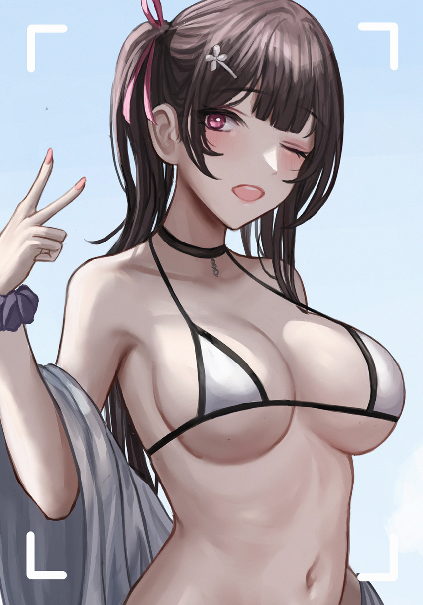 1girl ;d bare_shoulders bikini black_choker black_hair blue_background blush breasts choker cleavage collarbone commentary english_commentary hair_ornament hair_ribbon hairclip hand_up highres looking_at_viewer navel one_eye_closed original pink_eyes pink_ribbon ribbon selcky sideboob simple_background smile solo swimsuit underboob upper_body v white_bikini