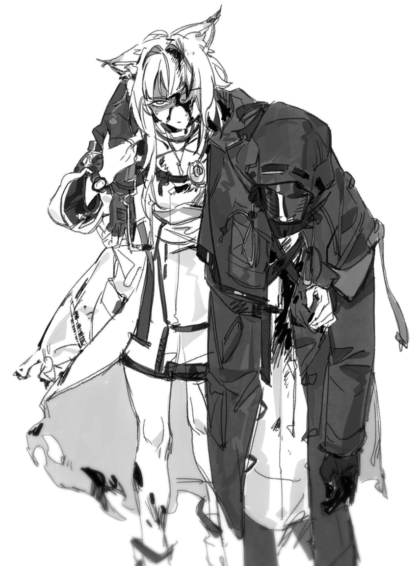 1girl 1other animal_ears arknights blood blood_on_clothes carrying carrying_person closed_mouth doctor_(arknights) dress fox_ears gloves greyscale highres hood hood_up hooded_coat kal'tsit_(arknights) lab_coat lenereco long_sleeves looking_at_viewer monochrome shaded_face stethoscope torn_clothes watch wristwatch