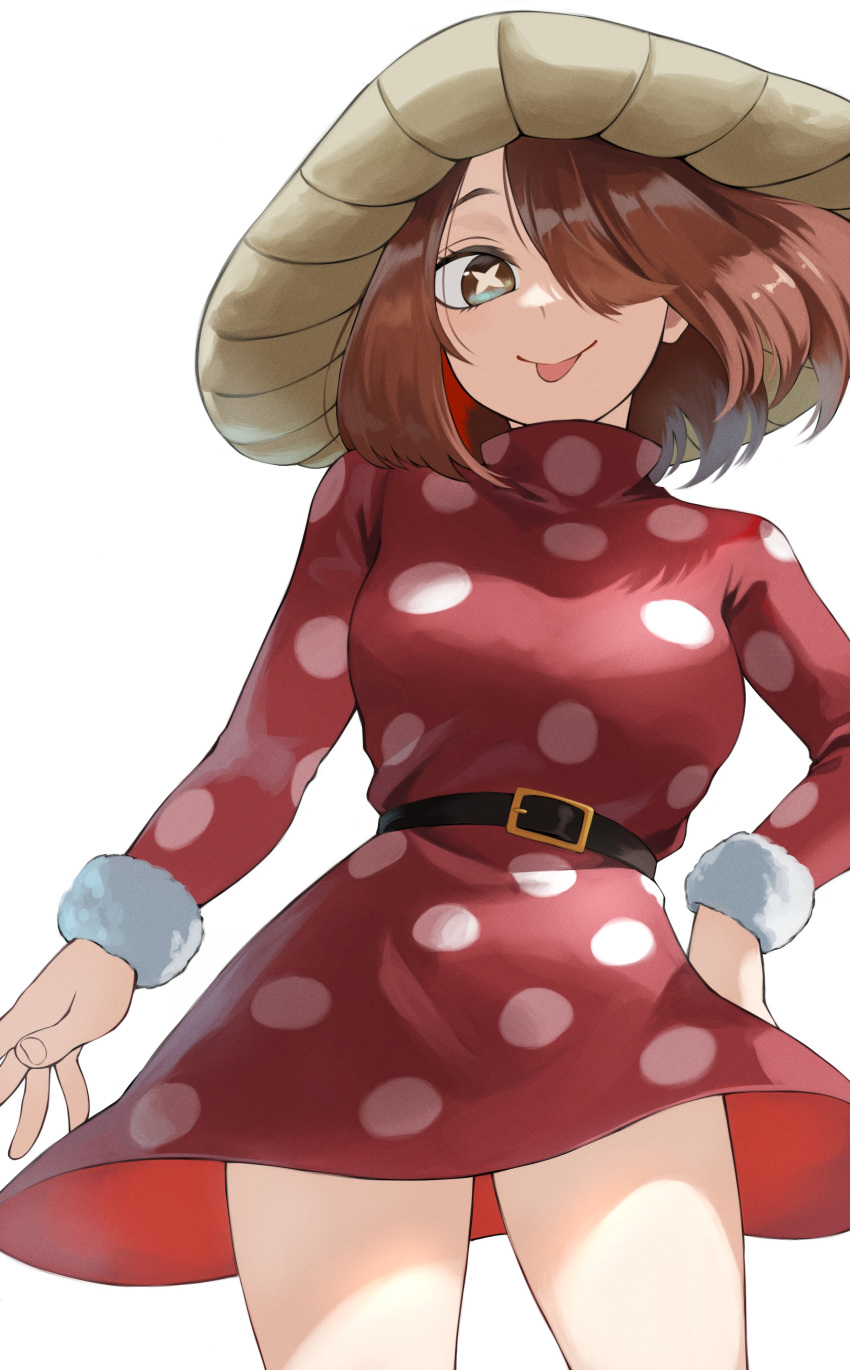 1girl :p absurdres belt boku_no_hero_academia brown_eyes brown_hair dress fengling_(furin-jp) hair_over_one_eye highres komori_kinoko looking_at_viewer medium_hair mushroom mushroom_girl mushroom_hat mushroom_on_head polka_dot polka_dot_dress solo standing symbol-shaped_pupils tongue tongue_out turtleneck_dress white_background x-shaped_pupils