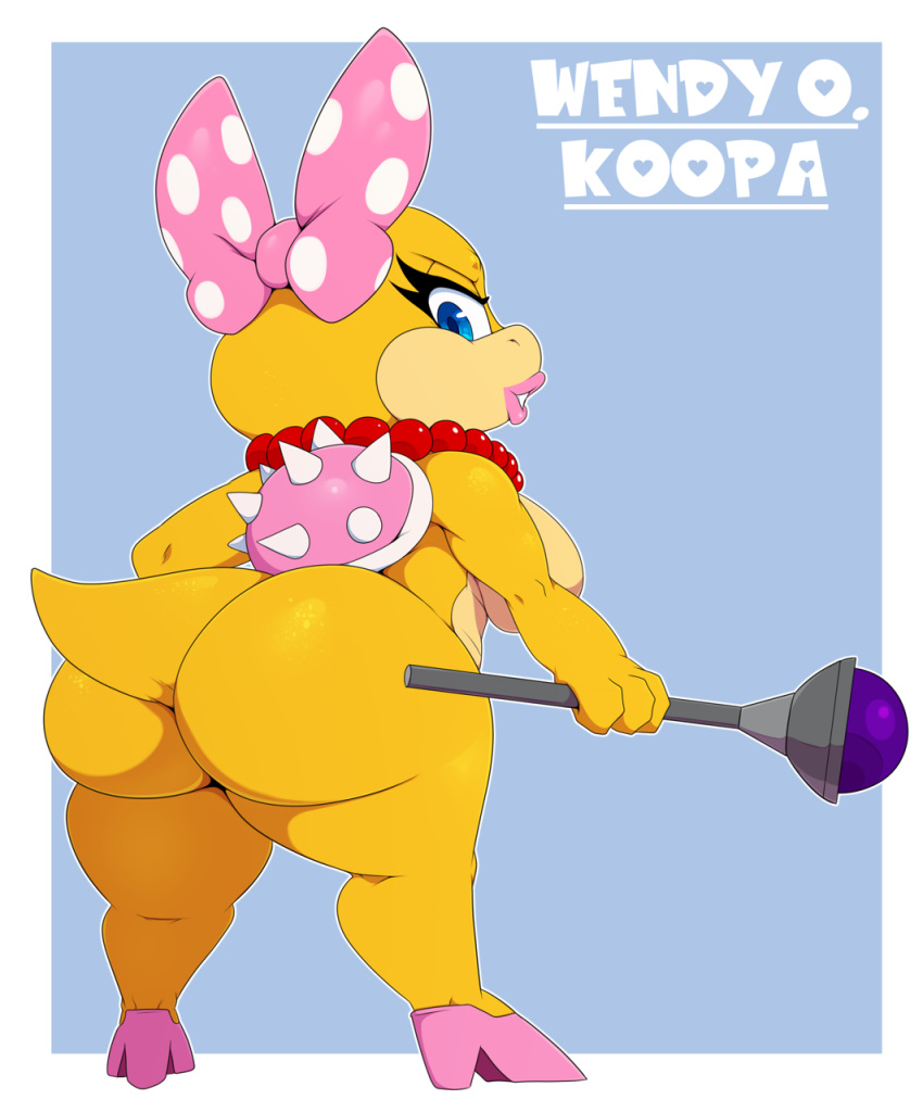 big_breasts big_butt bigdon1992 blue_eyes bow_ribbon breasts butt character_name clothing footwear hi_res high_heels holding_object jewelry koopa koopaling looking_at_viewer looking_back mario_bros necklace nintendo non-mammal_breasts nude pink_clothing pink_footwear scalie shell shows side_boob simple_background tail wand wendy_o._koopa