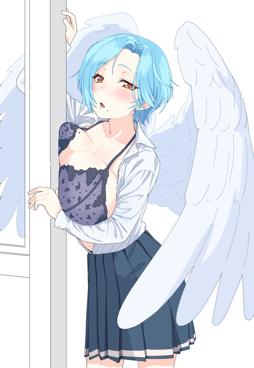 1girl absurdres against_door blue_hair blue_skirt blush bra breast_press breasts collared_shirt door dress_shirt feathered_wings highres large_breasts long_sleeves looking_at_viewer miniskirt miyagi_yuki moira_(nijisanji) mole mole_under_mouth nijisanji open_clothes open_mouth open_shirt parted_bangs pleated_skirt purple_bra school_uniform shirt short_hair skirt solo underwear virtual_youtuber white_shirt wing_collar wings yellow_eyes