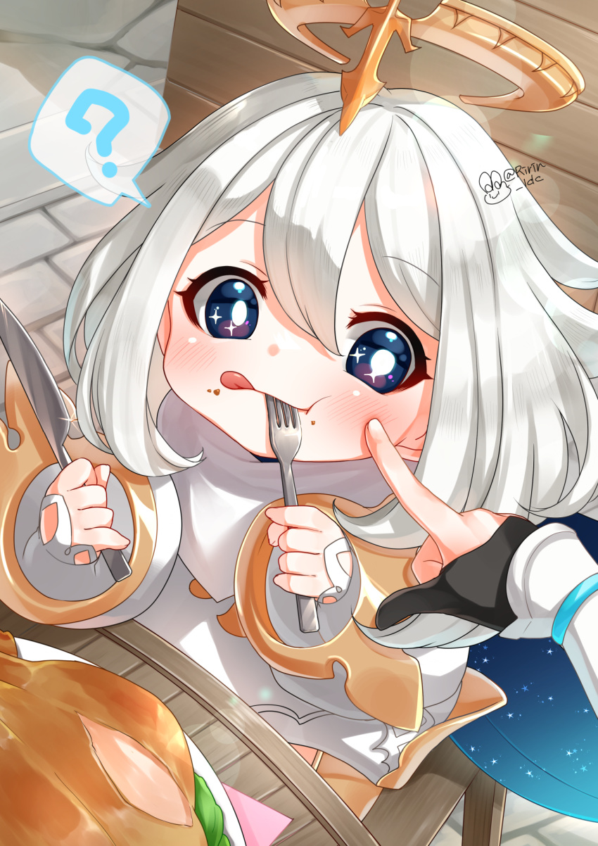 2girls :q :t ? artist_name black_eyes black_gloves blue_cape blush bright_pupils cape chair cheek_poking chicken_(food) closed_mouth commentary_request eyelashes food food_on_face fork genshin_impact gloves gold_trim hair_between_eyes halo hands_up highres holding holding_fork holding_knife knife lens_flare licking_lips long_sleeves looking_at_viewer lumine_(genshin_impact) medium_hair multiple_girls napkin paimon_(genshin_impact) partially_fingerless_gloves poking pov pov_hands sidelocks sitting solo_focus sparkle sparkling_eyes speech_bubble spoken_question_mark stone_floor table tongue tongue_out twitter_username vambraces white_hair white_pupils wide_sleeves yukiririn