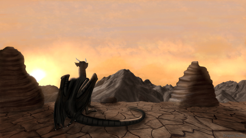 absurd_res black_dragon desert dragon dragon.studio feral hi_res male mountain scalie solo sunset western_dragon