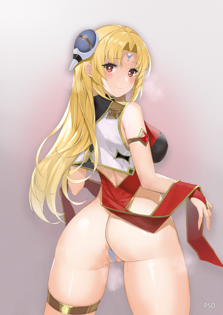 1girl absurdres bare_shoulders blonde_hair breasts brown_eyes china_dress chinese_clothes clothes_lift dress facial_mark forehead_mark galaxy_angel hair_ornament hairpods heart heart-shaped_pupils highres large_breasts legwear_garter lifted_by_self long_hair looking_at_viewer maebari nakamura_nagare no_panties pencil_skirt ranpha_franboise revealing_clothes skirt smile solo symbol-shaped_pupils