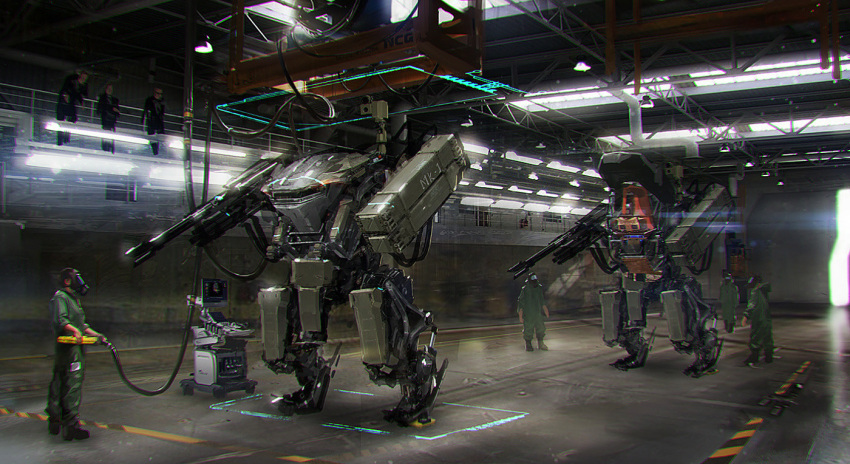 2boys arm_cannon cable concept_art engineer english_commentary hangar josephkim jumpsuit light machinery mecha military missile_pod multiple_boys original realistic robot science_fiction sign test walker warning_sign weapon