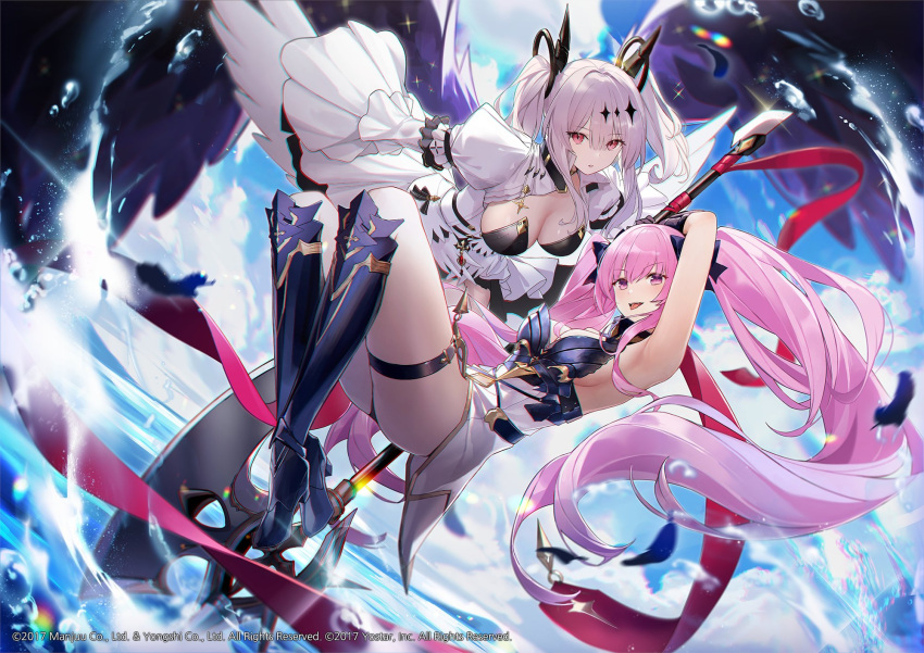 2girls arm_up armpits axe azur_lane boots breasts cleavage commentary_request feathers hair_ornament highres holding holding_weapon joffre_(azur_lane) la_galissonniere_(azur_lane) large_breasts long_hair looking_at_viewer medium_hair multiple_girls official_art pink_eyes pink_hair red_eyes thigh_strap tongue tongue_out twintails weapon white_hair wings yohaku