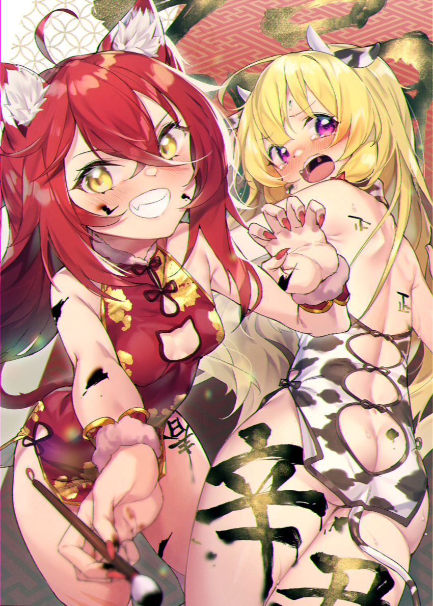 2girls absurdres ahoge animal_ear_fluff animal_ears animal_print ass back bare_shoulders blonde_hair blush body_writing breasts butt_crack claw_pose cleavage_cutout clothing_cutout cow_ears cow_horns cow_print crossed_bangs dress from_behind grin highres holding_calligraphy_brush horns lily's_journey lily_(lily's_journey) long_hair looking_at_viewer looking_back multiple_girls nail_polish open_mouth outstretched_arm print_dress purple_eyes red_dress red_hair red_nails rika_(lily's_journey) shennai_misha small_breasts smile tally_counter wrist_cuffs yellow_eyes